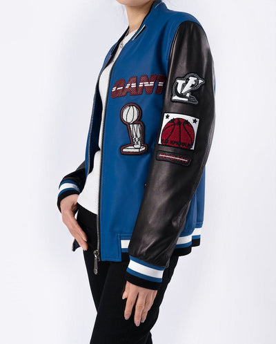 Black Blue Pattern Patched Lambskin Leather Varsity Bomber Jacket