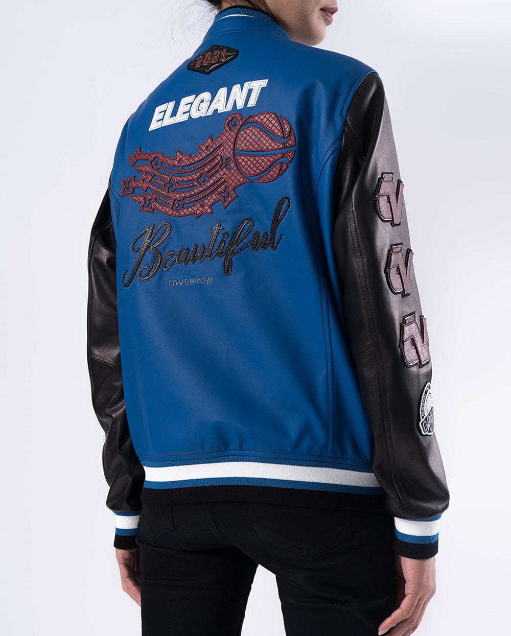 Black Blue Pattern Patched Lambskin Leather Varsity Bomber Jacket