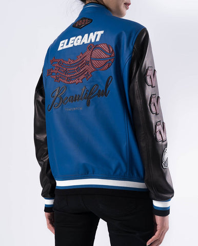Black Blue Pattern Patched Lambskin Leather Varsity Bomber Jacket