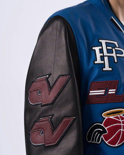Black Blue Pattern Patched Lambskin Leather Varsity Bomber Jacket