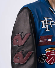 Black Blue Pattern Patched Lambskin Leather Varsity Bomber Jacket
