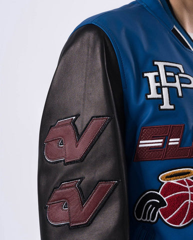 Black Blue Pattern Patched Lambskin Leather Varsity Bomber Jacket