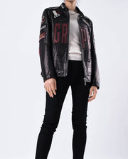 Black Embroidery Full Patched Genuine Leather Cafe Racer Jacket