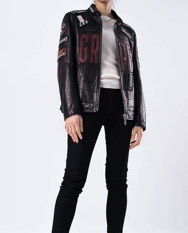 Black Embroidery Full Patched Genuine Leather Cafe Racer Jacket