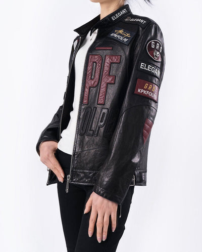 Black Embroidery Full Patched Genuine Leather Cafe Racer Jacket