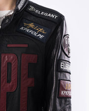 Black Embroidery Full Patched Genuine Leather Cafe Racer Jacket