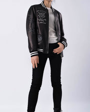 Black Patched Lambskin Varsity Letterman Bomber Leather Jacket