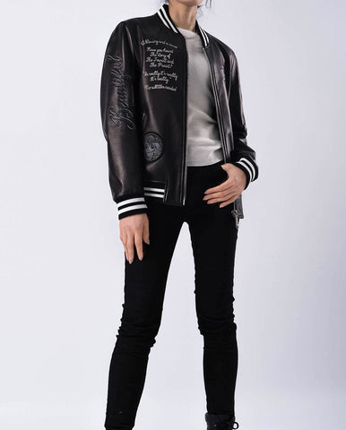 Black Patched Lambskin Varsity Letterman Bomber Leather Jacket