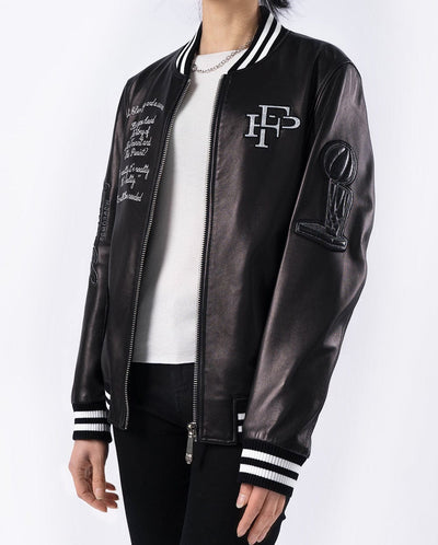 Black Patched Lambskin Varsity Letterman Bomber Leather Jacket