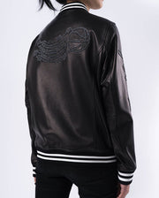 Black Patched Lambskin Varsity Letterman Bomber Leather Jacket