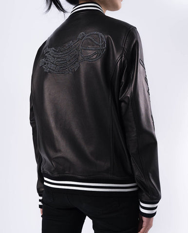 Black Patched Lambskin Varsity Letterman Bomber Leather Jacket