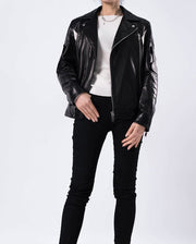 Black Embroidery Structured Quilted Leather Moto Biker Jacket