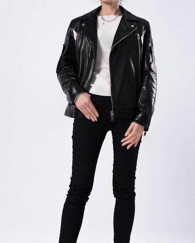 Black Embroidery Structured Quilted Leather Moto Biker Jacket
