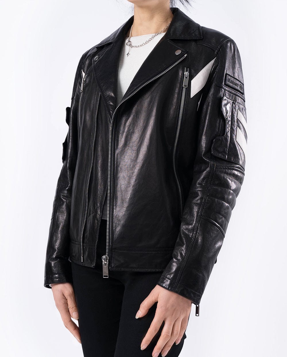 Black Embroidery Structured Quilted Leather Moto Biker Jacket