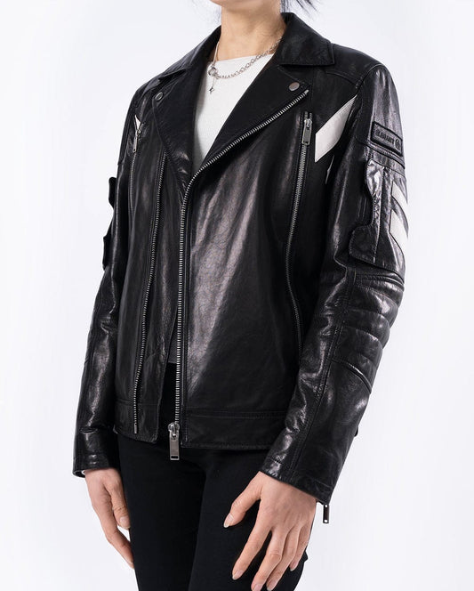 Black Embroidery Structured Quilted Leather Moto Biker Jacket