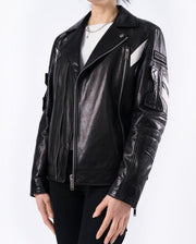 Black Embroidery Structured Quilted Leather Moto Biker Jacket