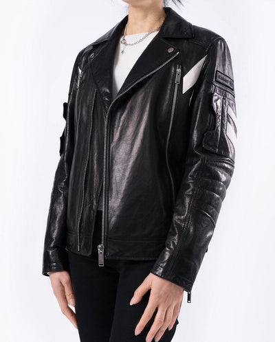 Black Embroidery Structured Quilted Leather Moto Biker Jacket