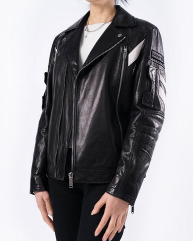 Black Embroidery Structured Quilted Leather Moto Biker Jacket