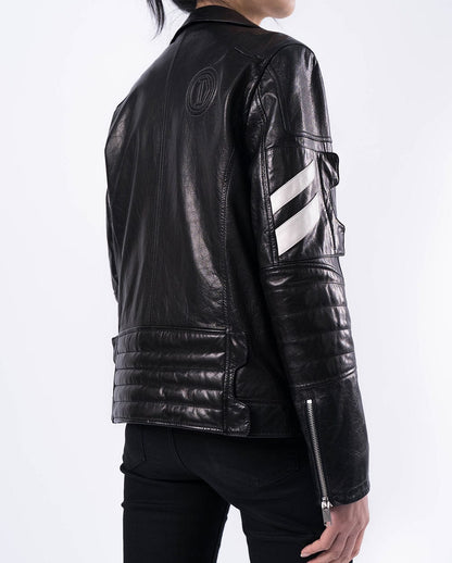 Black Embroidery Structured Quilted Leather Moto Biker Jacket