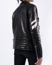 Black Embroidery Structured Quilted Leather Moto Biker Jacket
