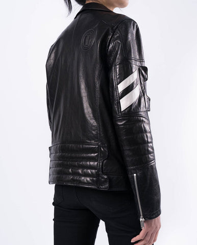 Black Embroidery Structured Quilted Leather Moto Biker Jacket