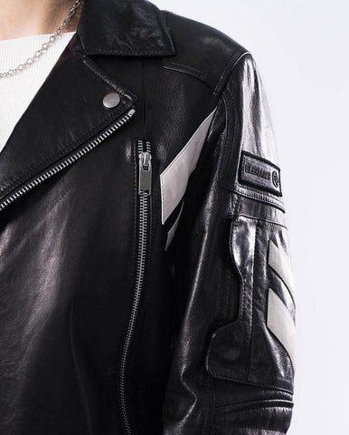 Black Embroidery Structured Quilted Leather Moto Biker Jacket
