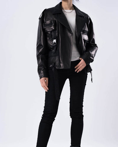 Black Multiple Pockets Embroidery Goatskin Leather Bomber Jacket