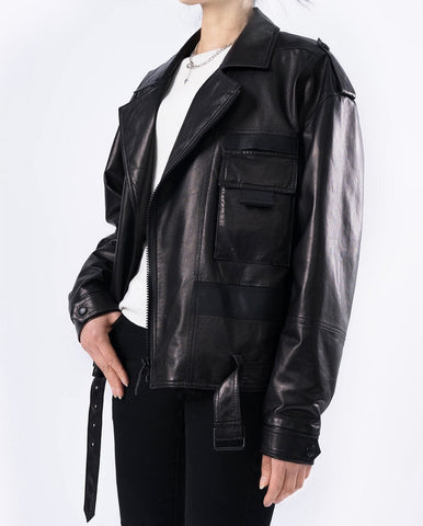 Black Multiple Pockets Embroidery Goatskin Leather Bomber Jacket