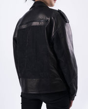 Black Multiple Pockets Embroidery Goatskin Leather Bomber Jacket