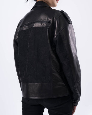 Black Multiple Pockets Embroidery Goatskin Leather Bomber Jacket