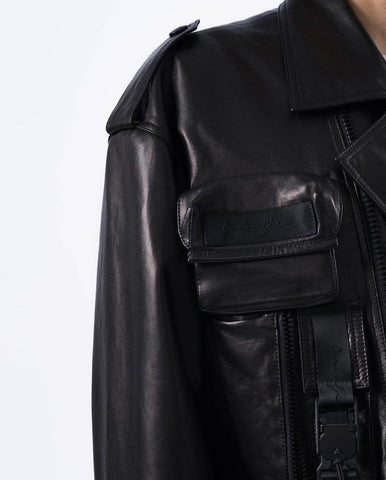 Black Multiple Pockets Embroidery Goatskin Leather Bomber Jacket