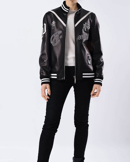 Black Pattern Patched Goatskin Leather Varsity Letterman Bomber Jacket