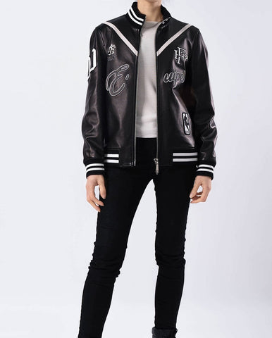 Black Pattern Patched Goatskin Leather Varsity Letterman Bomber Jacket