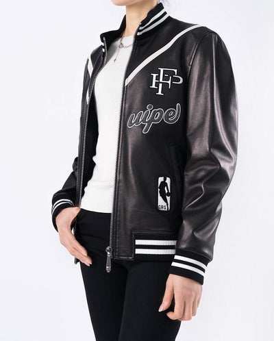 Black Pattern Patched Goatskin Leather Varsity Letterman Bomber Jacket
