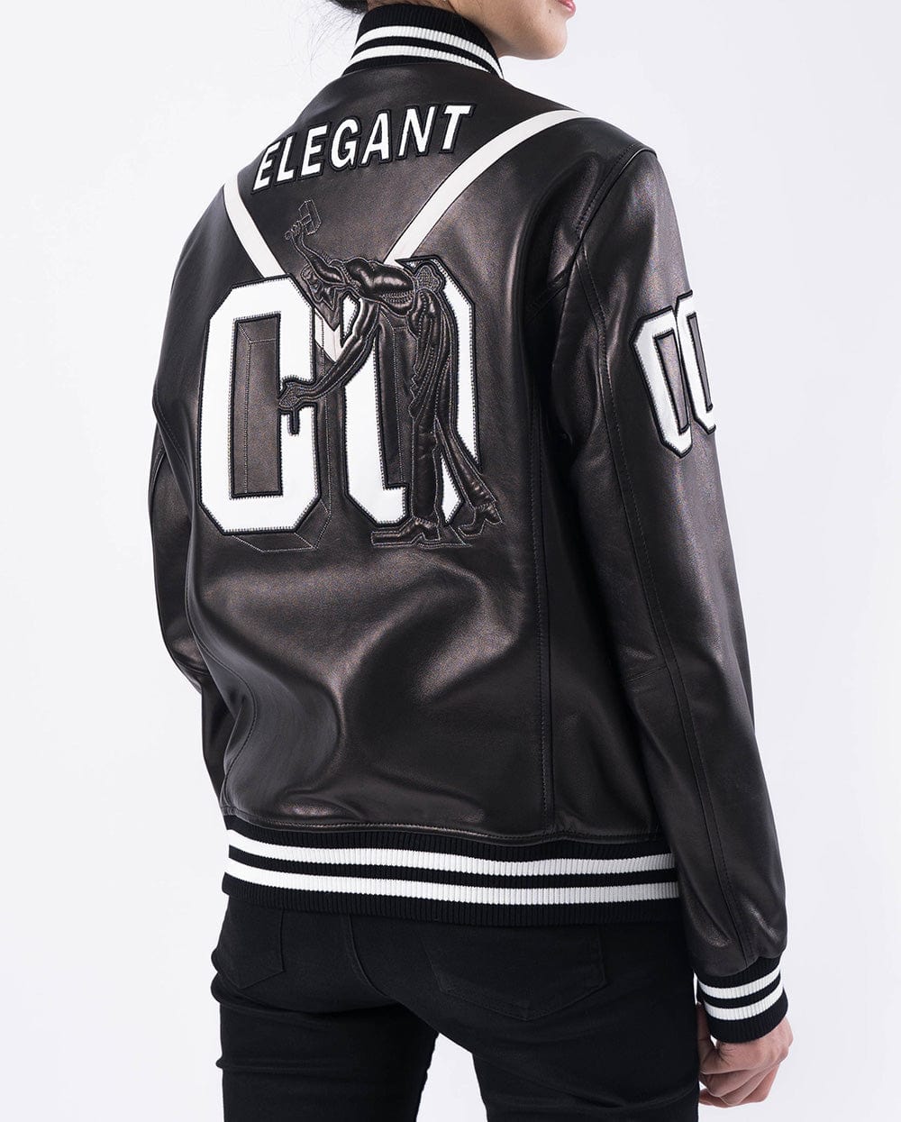 Black Pattern Patched Goatskin Leather Varsity Letterman Bomber Jacket