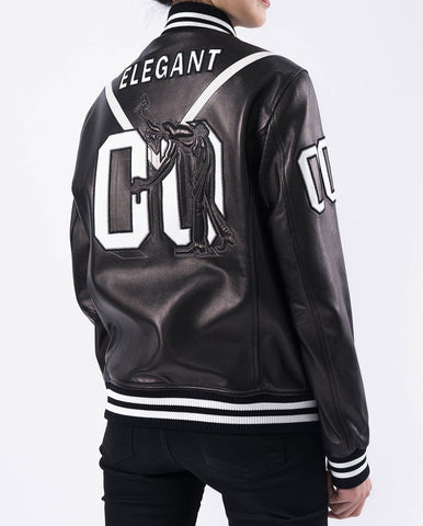 Black Pattern Patched Goatskin Leather Varsity Letterman Bomber Jacket