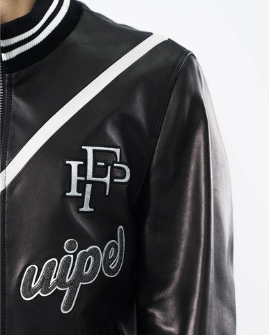 Black Pattern Patched Goatskin Leather Varsity Letterman Bomber Jacket