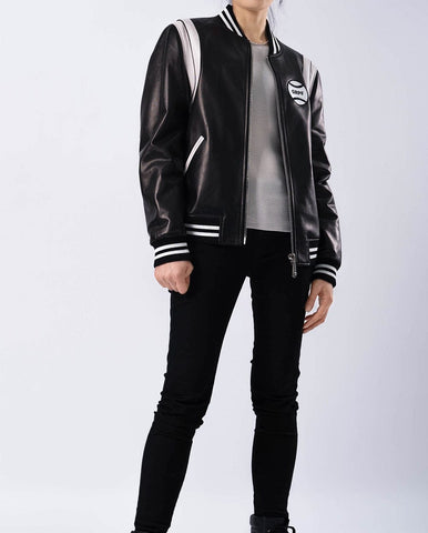 Black Pattern Patched Lambskin Leather Varsity Jacket