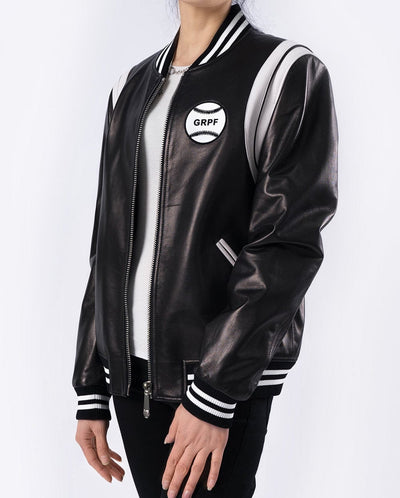 Black Pattern Patched Lambskin Leather Varsity Jacket