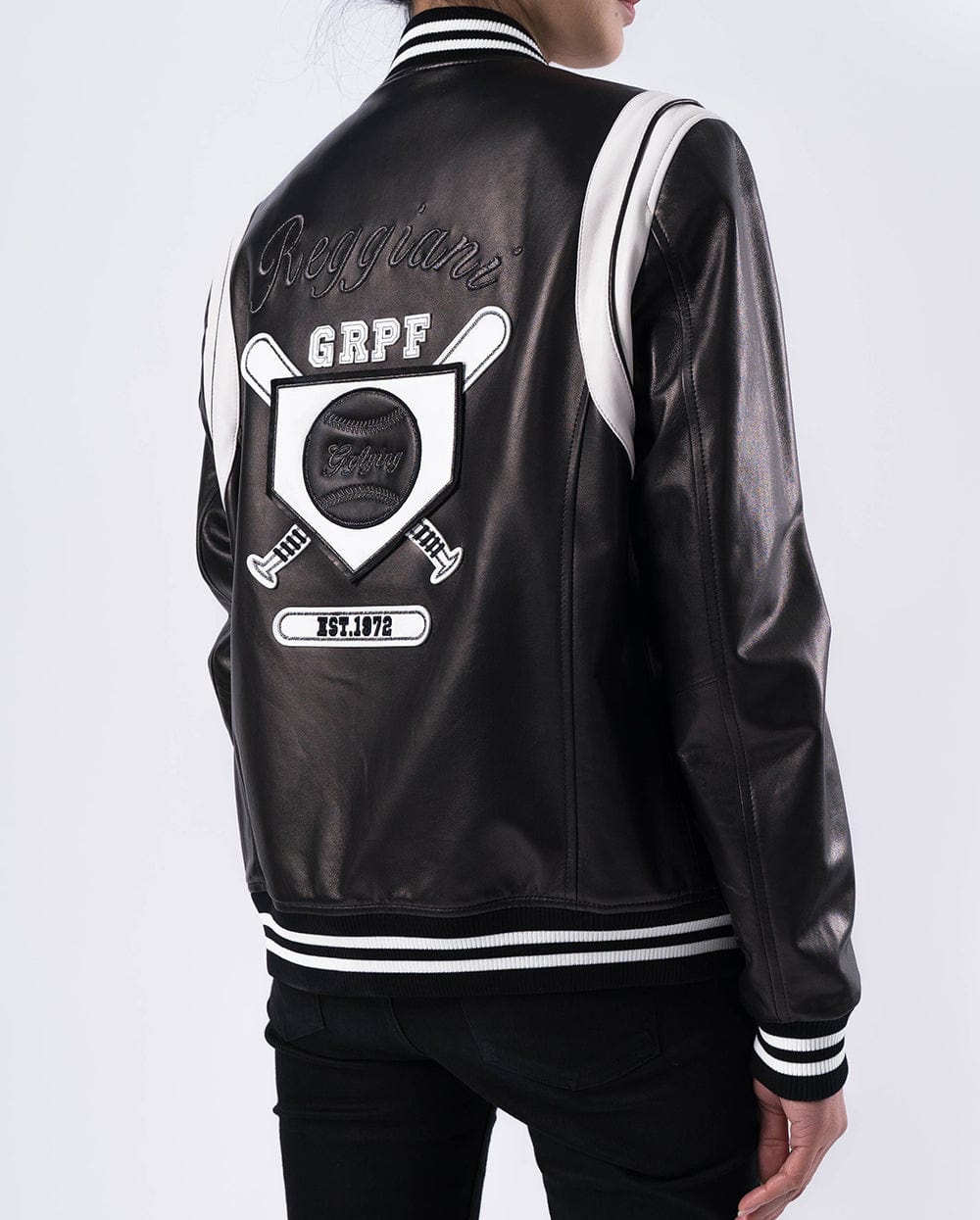 Black Pattern Patched Lambskin Leather Varsity Jacket