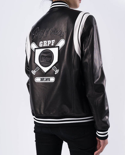 Black Pattern Patched Lambskin Leather Varsity Jacket