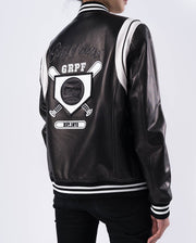 Black Pattern Patched Lambskin Leather Varsity Jacket