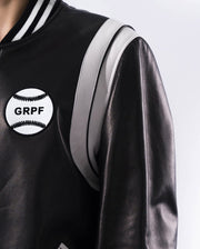Black Pattern Patched Lambskin Leather Varsity Jacket