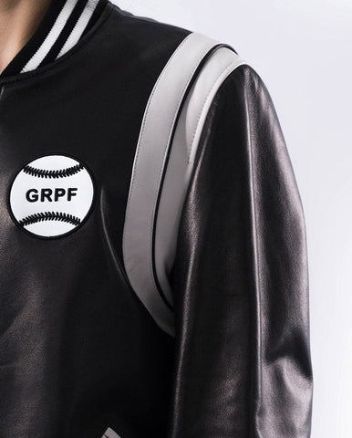 Black Pattern Patched Lambskin Leather Varsity Jacket