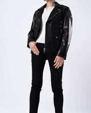 Black Quilted Genuine Leather Moto Biker Jacket with Belt