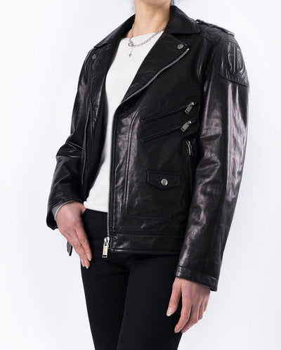 Black Quilted Genuine Leather Moto Biker Jacket with Belt