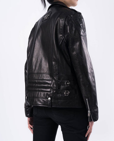 Black Quilted Genuine Leather Moto Biker Jacket with Belt