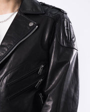Black Quilted Genuine Leather Moto Biker Jacket with Belt
