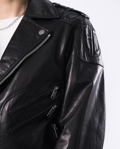Black Quilted Genuine Leather Moto Biker Jacket with Belt