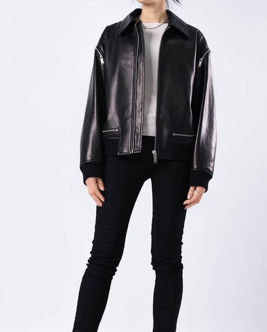 Black Shirt Collar Zipped Lambskin Bomber Jacket